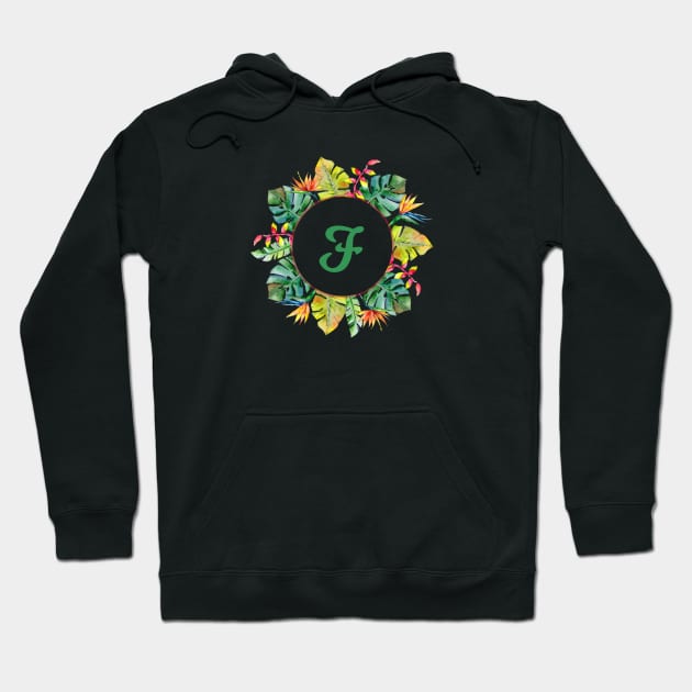 Tropical Leaves Floral Monogram - Letter F Hoodie by MysticMagpie